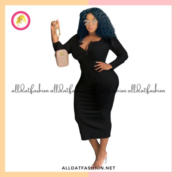 COPY - Zoe Plus Size V Neck Long Sleeve Bodycon Midi Dress - Picture 2 of 4